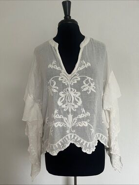 Ruby Yaya Boho Embroidered White Women's Peasant Top